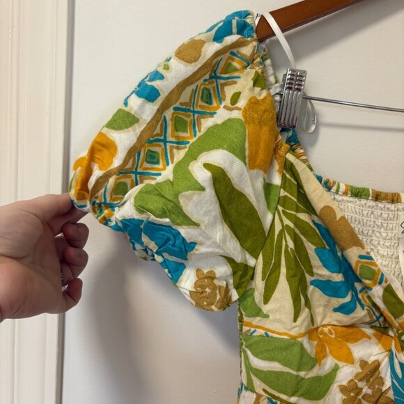 Japna Midi Dress Off white blue green Floral Size XS NWT Puffy Sleeves Linen - Picture 6 of 9